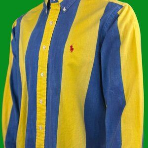 VTG 90s Polo Ralph Lauren Blue-Tag Yellow & Blue Vertical Stripe Button-Down Shi